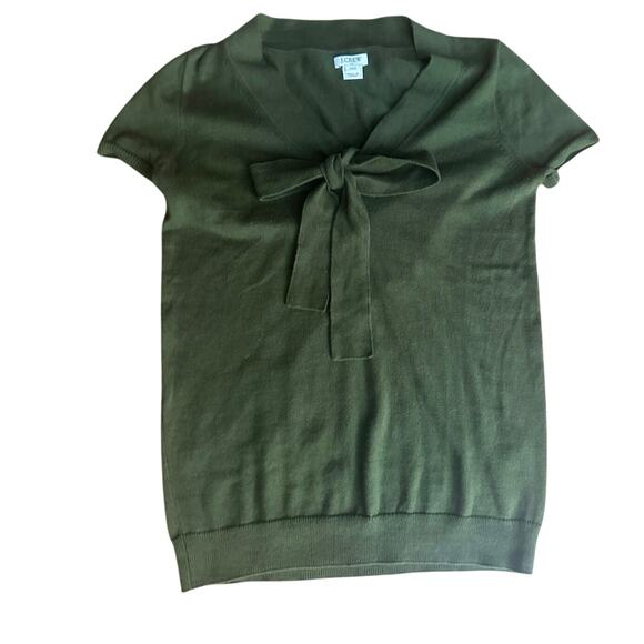 J.Crew Olive Green XXS V-Neck Bow  Short Cap Sleeve 100% Cotton Classic Sweater - Picture 1 of 7